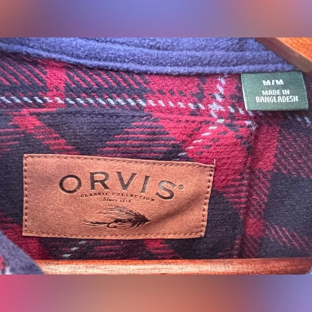 Orvis Big Bear Heavyweight Flannel Plaid Shirt Red Blue Sangria Cotton Men's M